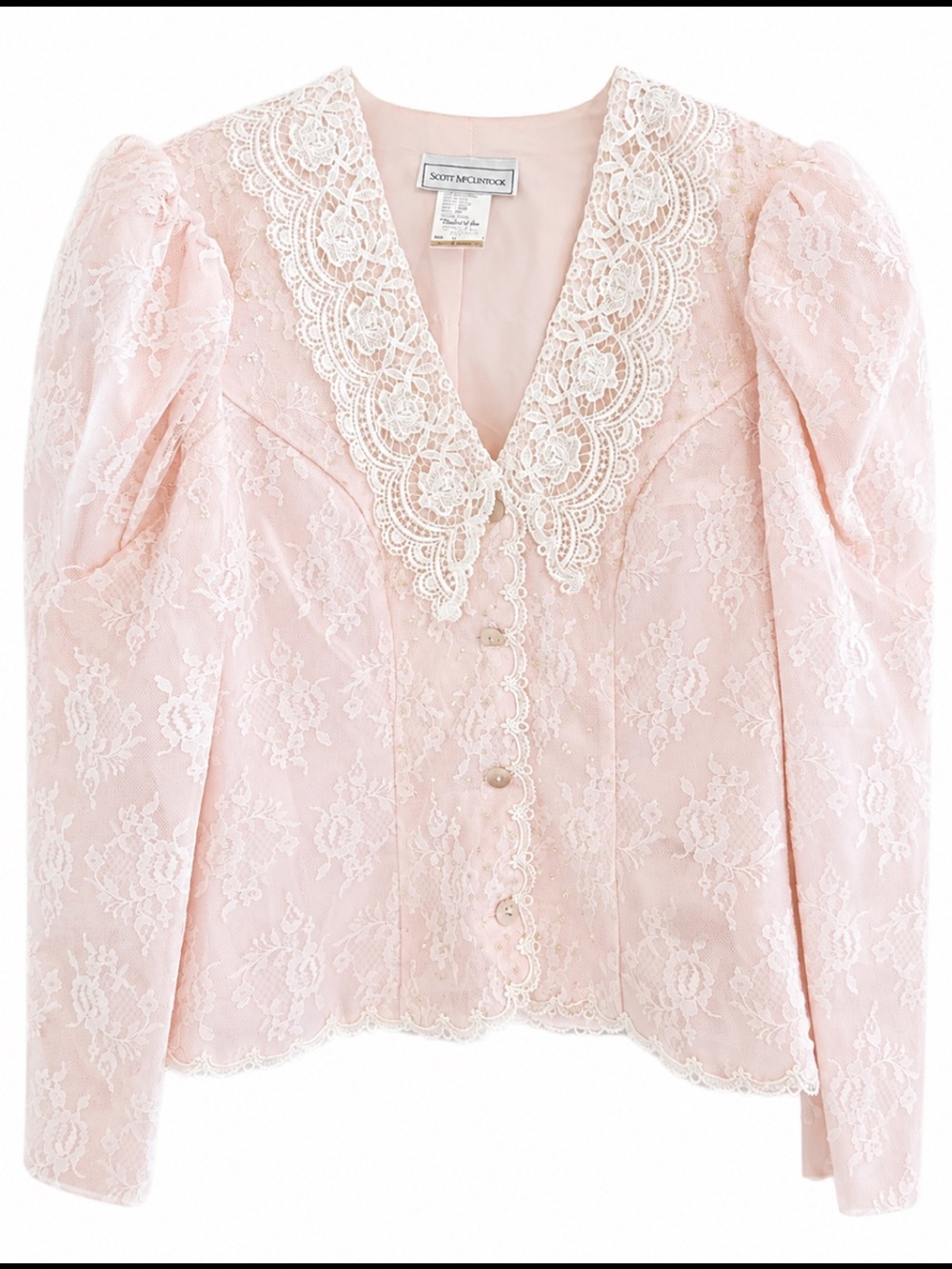 Vintage Scott McClintock Womens 6 Lace Puff Sleeve V Neck Victorian Blouse Pink